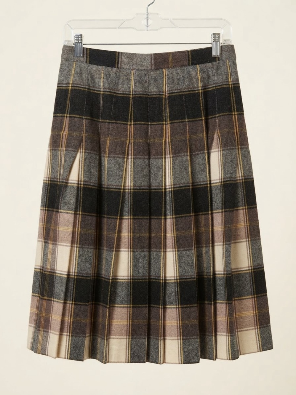 Pleated Plaid Midi Skirt in Neutral Tones